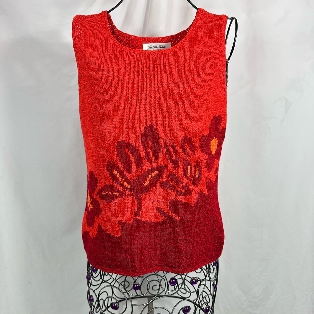Vintage Judith Hart orange knit floral tank top size 8